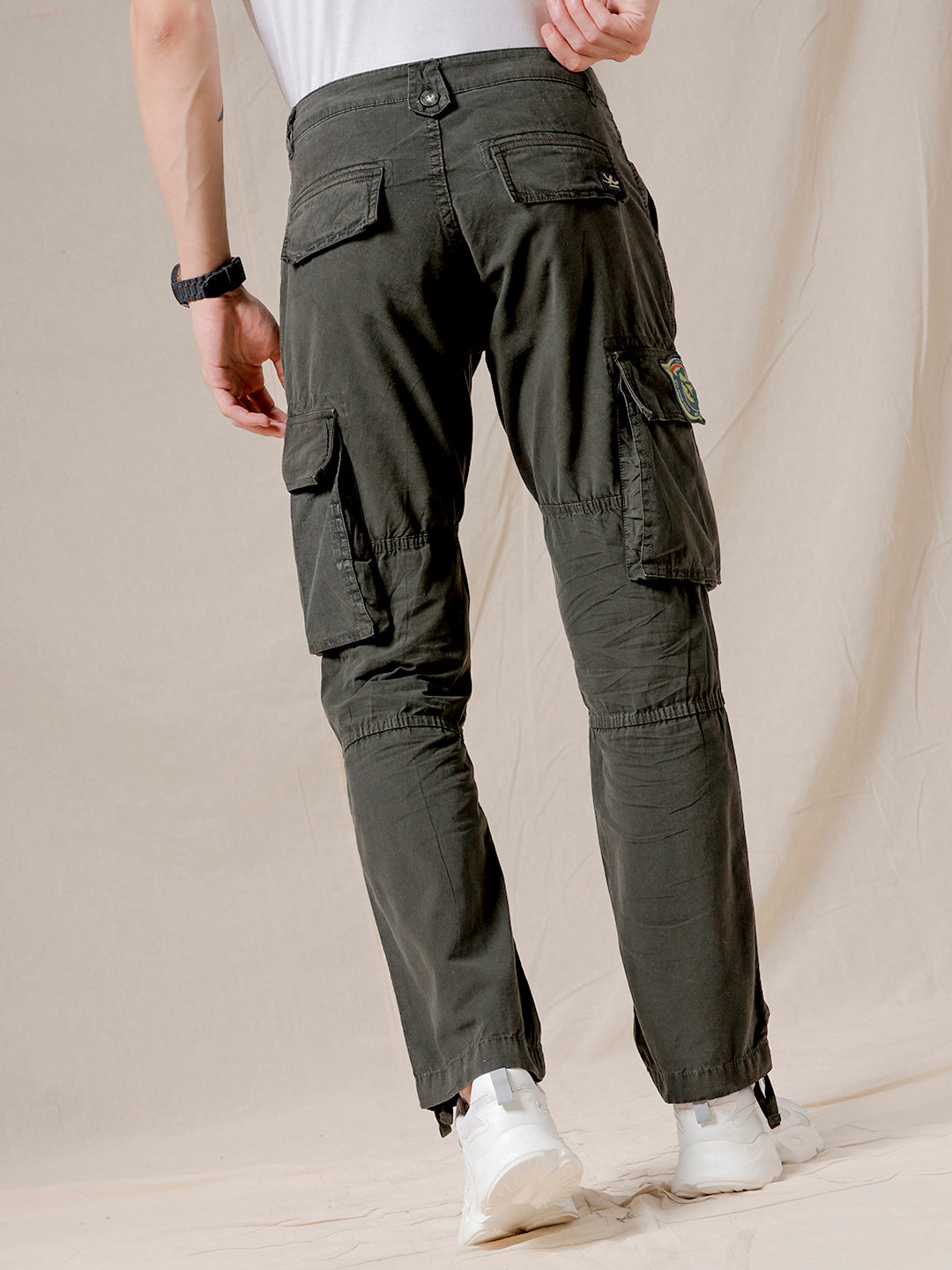 Elastic Waist Slim Flare Contrast Stitch Cargo Trouser | boohoo